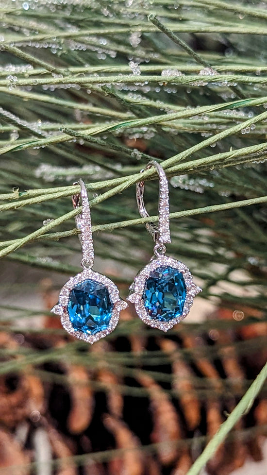 Blue Zircon Halo Dangle Earrings