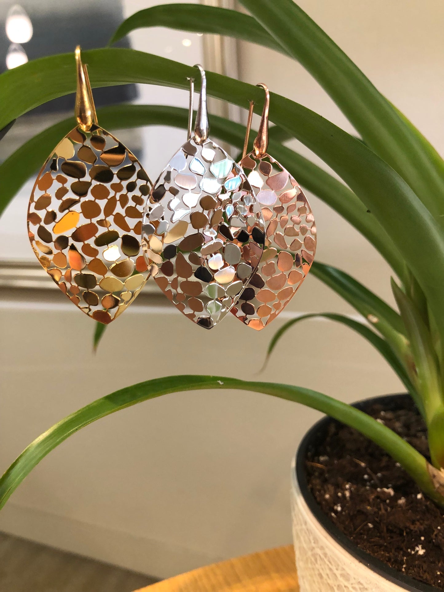 Gold Plated Mosaic Leaf Dangle Earrings