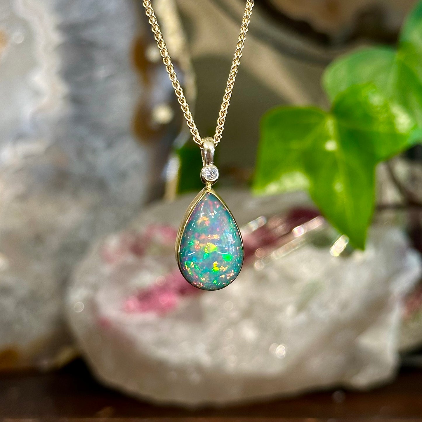 Opal Drop Pendant with Diamond