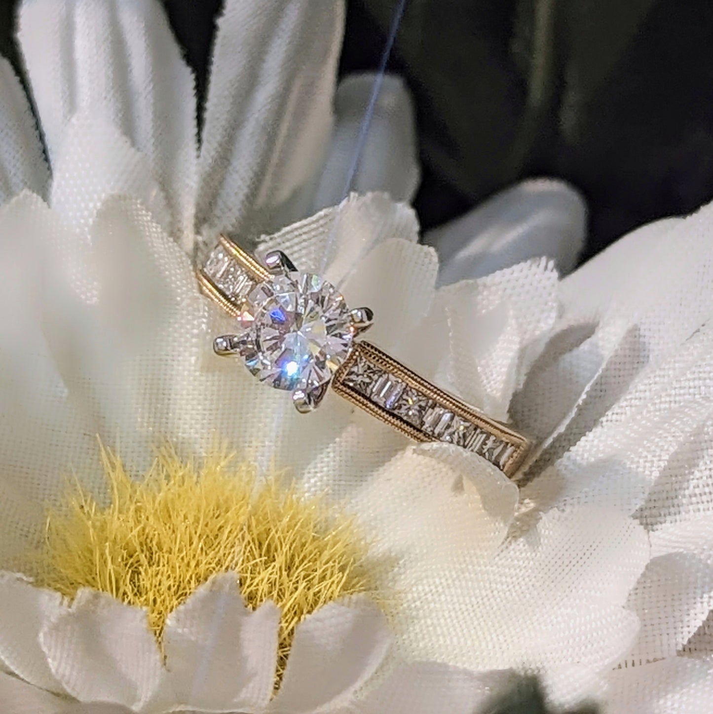 "Lillian" Princess and Baguette Channel Accented Solitaire Engagement Ring