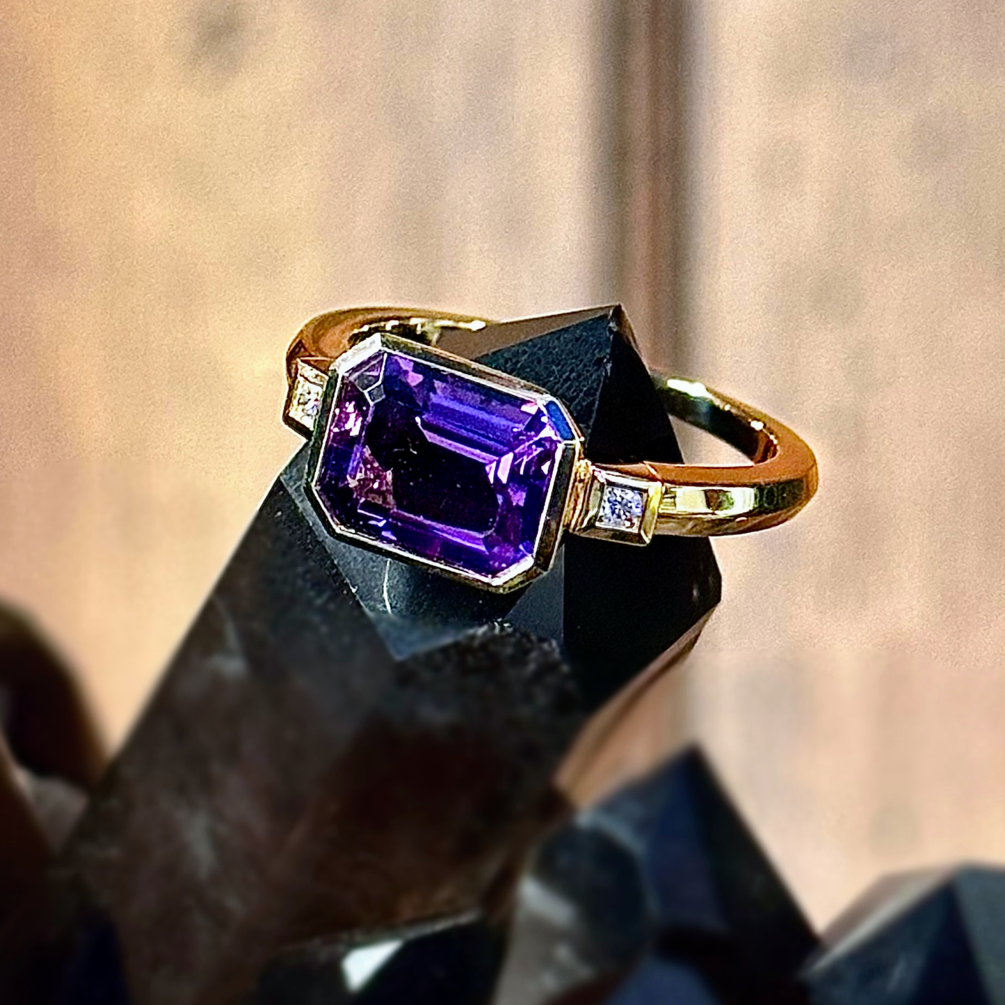 Emerald Cut Amethyst and Diamond Ring