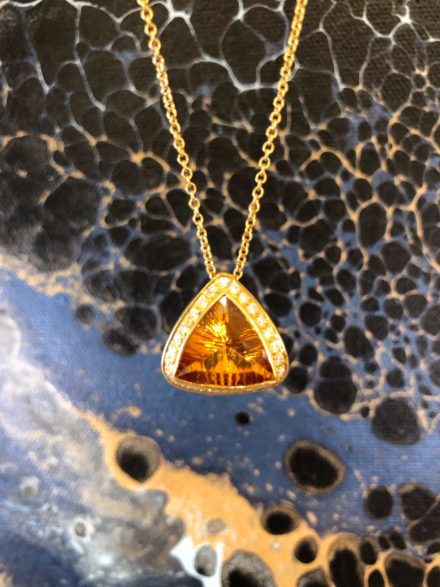 18K Gold Citrine Triangle Pendant with Diamond Halo