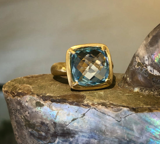 I. Reiss Blue Topaz Checkerboard Gold Gallery Ring