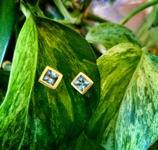 Aquamarine Gold Bezel Set Square Stud Earrings