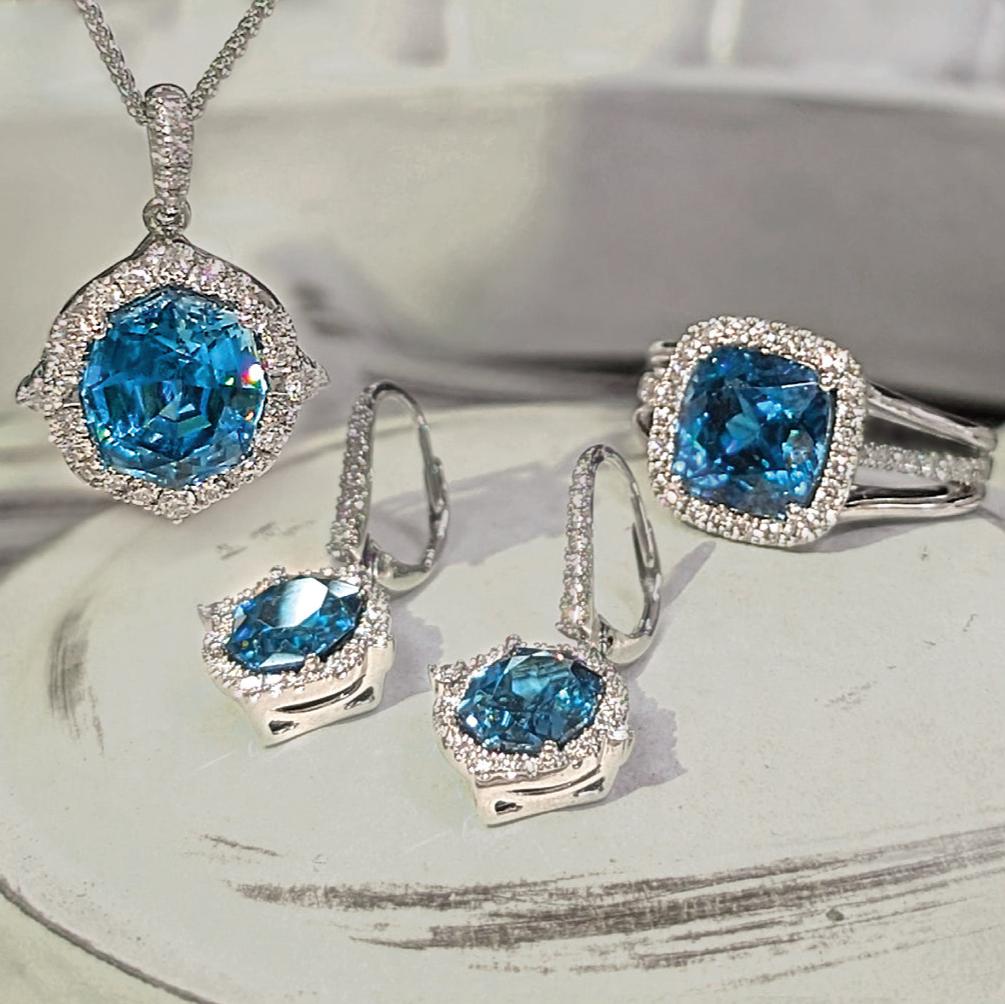 Blue Zircon Halo Dangle Earrings