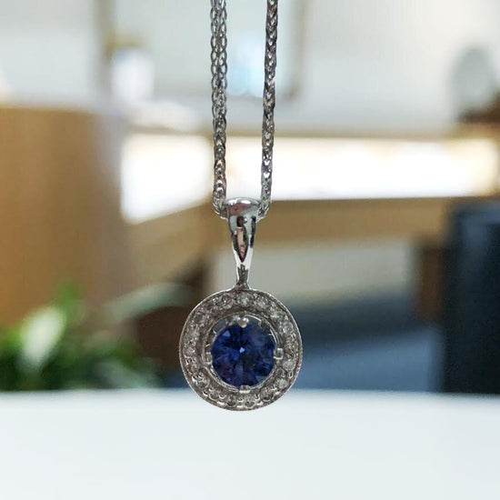 Load image into Gallery viewer, Plumb Gold Original Blue Sapphire with Diamond Halo Pendant
