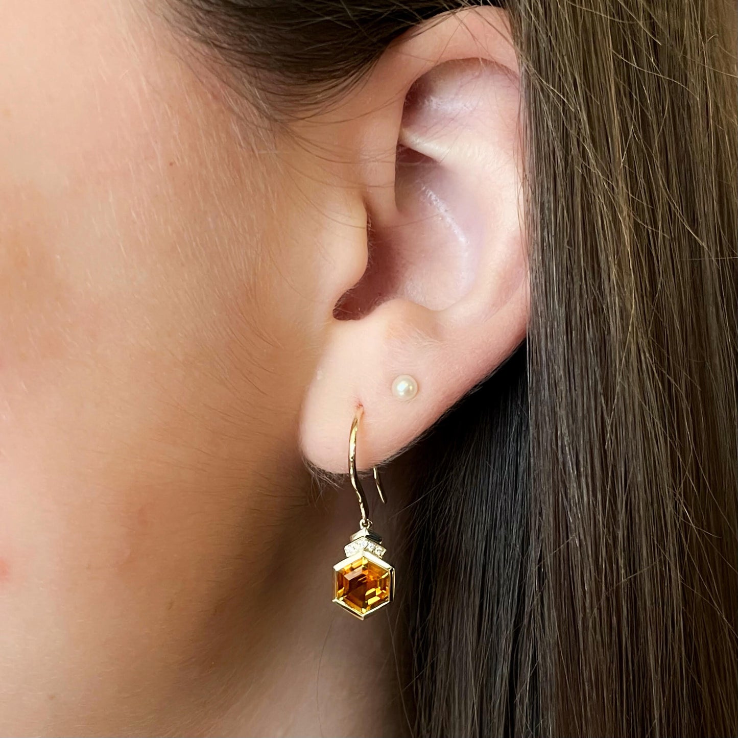 Hexagonal Citrine Diamond Earrings